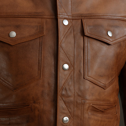 Buy Men Brown Vintage Leather Trucker Jacket – Genuine Leather Icon for Rugged Style, Everyday Comfort, Winter Warmth & All-Season Versatility