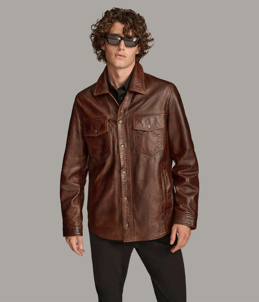 front view of men's leather overshirt