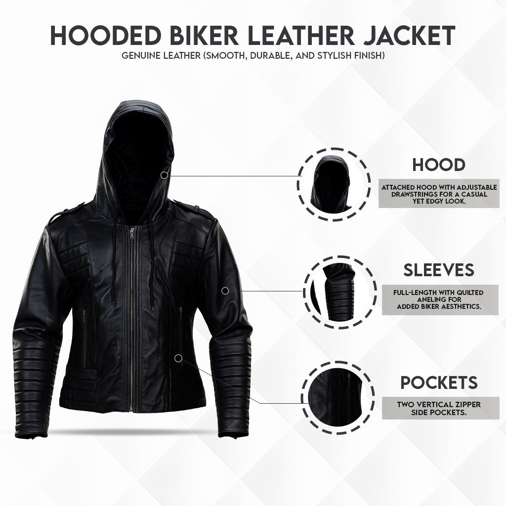 Buy Quilted Black Motorcycle Hooded Unisex Real Leather Jacket – Premium Biker Outerwear for All-Season Comfort, Rugged Durability & Timeless Road-Ready Style