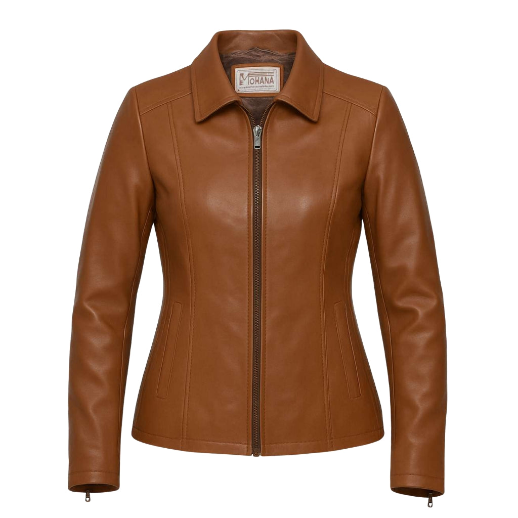 Buy Women’s Zipper Brown Leather Jacket – Modern Fit, Premium Leather & Effortless Everyday Style