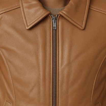 Buy Women’s Tan Leather Zipper Jacket – Tailored Fit, Premium Leather & Everyday Elegance