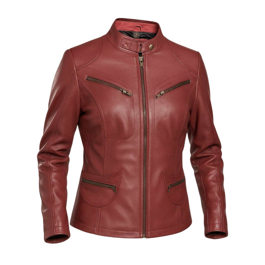 Buy Maroon Women Biker Leather Jacket – Premium Leather Outerwear for Style, Comfort & Ride-Ready Performance